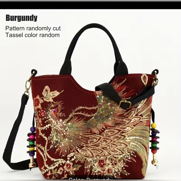 Red Embroidered Satchel, Double Handle Purse, Retro Style With Removable Strap - Picture 11 of 13